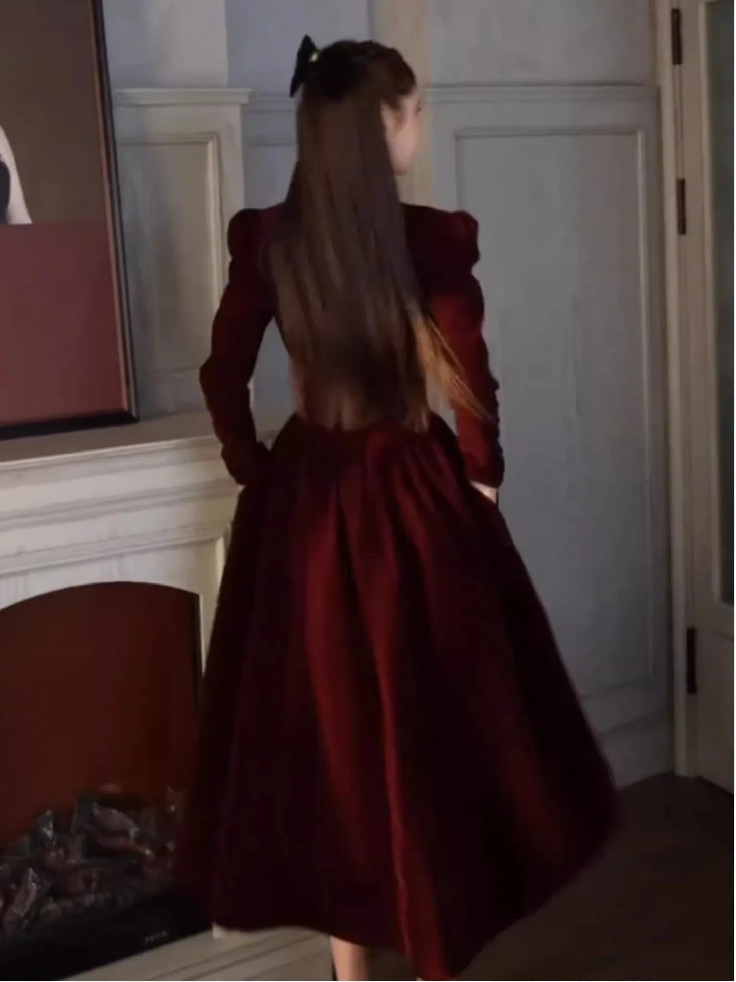 French Vintage Red Velvet Dress