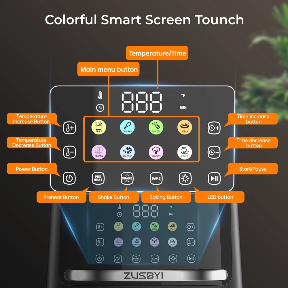 ZUSBYI 6.5QT Air Fryer Oven with Visible Window, Digital Colorful Screen, 12-in-1 Functions