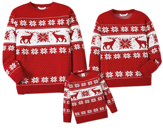 Christmas Sweater Family Matching Deer and Snowflake Graphic Long-sleeve Knitted Sweater