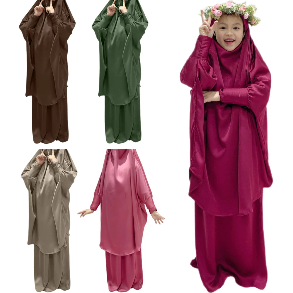 Ramadan Kids Girls Muslim Abaya Khimar Hooed Eid Dress 2 Piece Burqa Prayer Garment