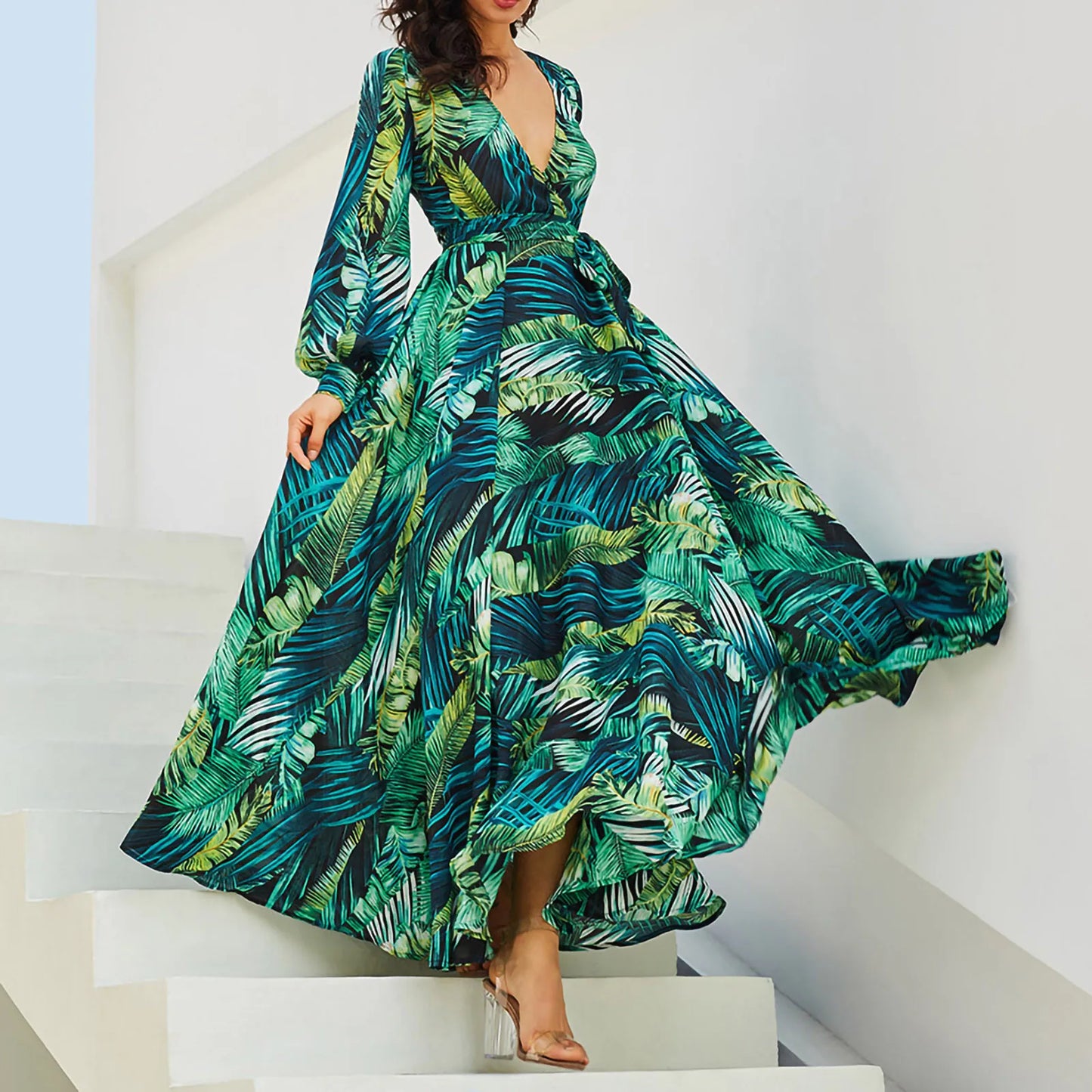 Women'S Temperament V-Neck Backless Summer Boho Green Leaf Print Maxi Dress