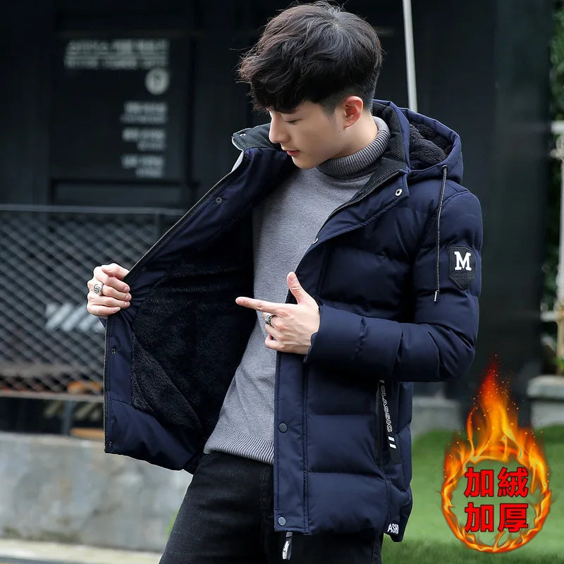 Fashion Men's Clothing Winter Hooded Warm Cotton Jacket Korean Style Youth Slim Fit Plus Velvet Thick Padded Coat Puffer Jackets