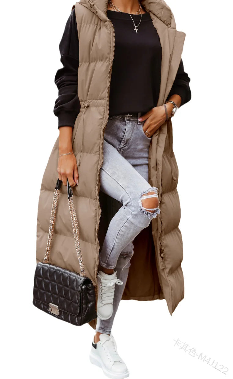 Women's  Solid Color Hooded Long Cotton-padded Jacket  Sleeveless Casual Fashion