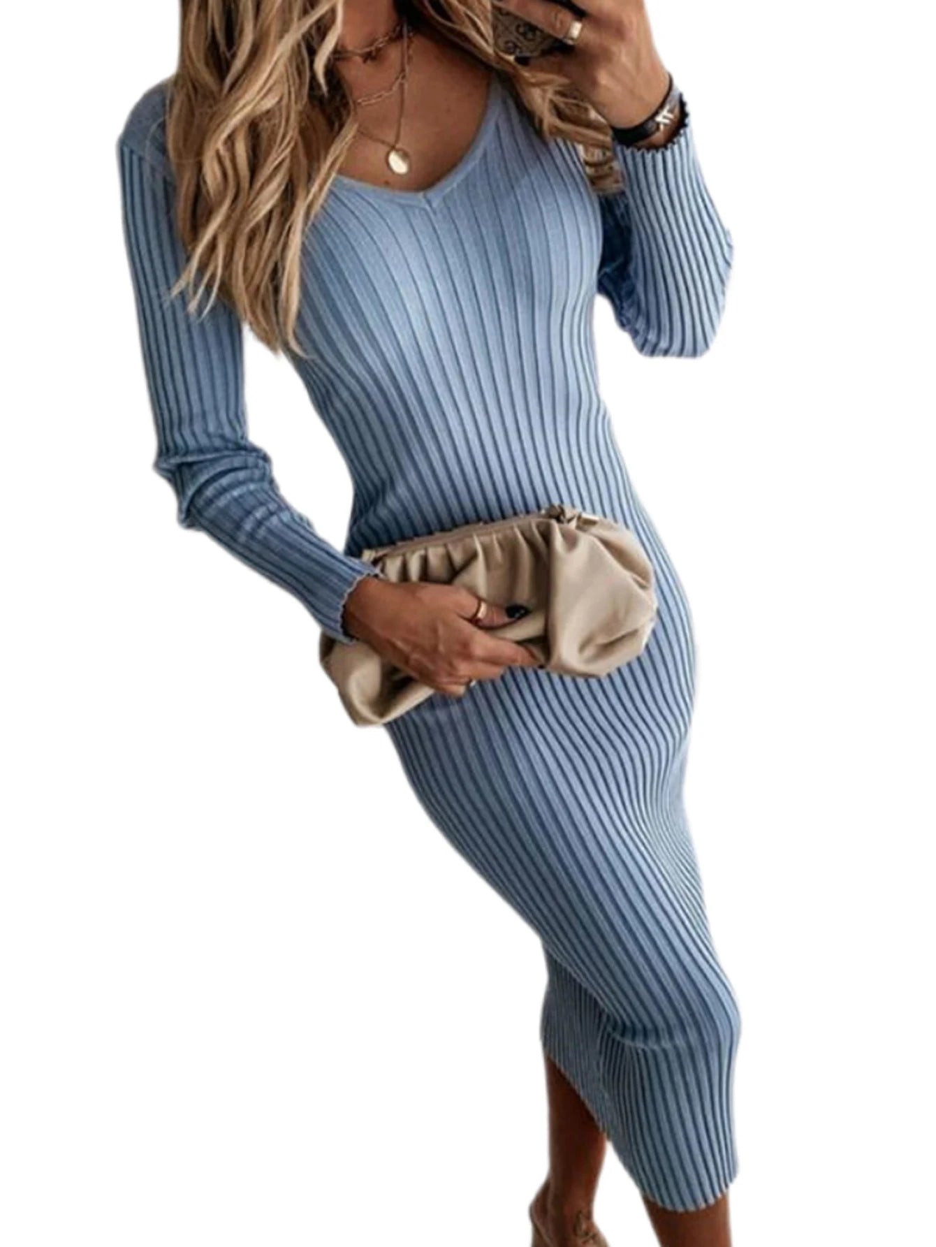 Women's Elastic Bodycon Sweater Long Sleeve Knitted  Solid V- Neck Midi Casual Pencil Dress