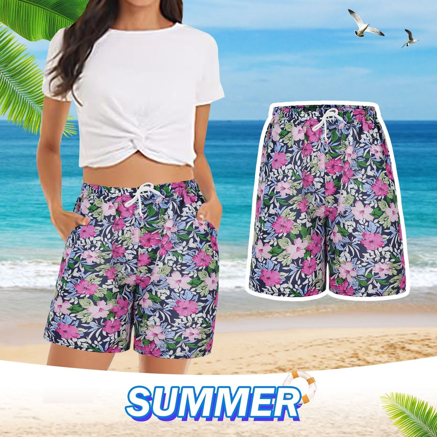 Women's Short Tropical Floral Printed Fresh Trendy Summer Leisure  High Waist Wide Leg Beach Wear for Girls.