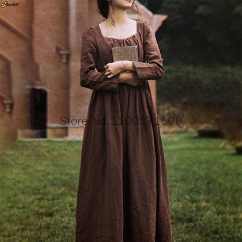 Women Medieval Victorian Retro Dress Square Collar Long Sleeves High Waist French Apparel Long Dress