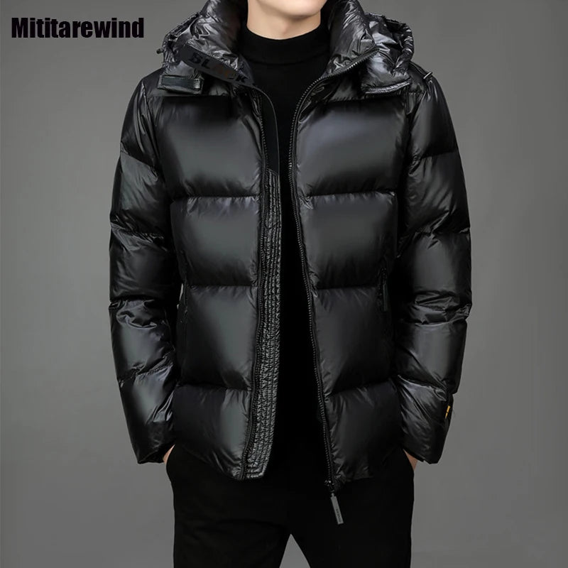 Shiny Black Gold Down Men Brand Winter Thick Down Jacket Fashion Warm Hooded Puffer Style Jackets