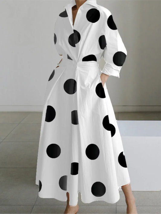 Long Sleeve Dot Print V- Neck Elegant Maxi Dresses For Women