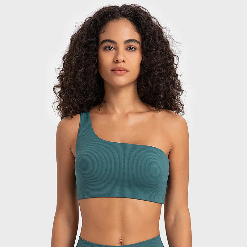 Ribbed One Shoulder Push Up Fitness Sports One  Out Backless Workout Crop Top