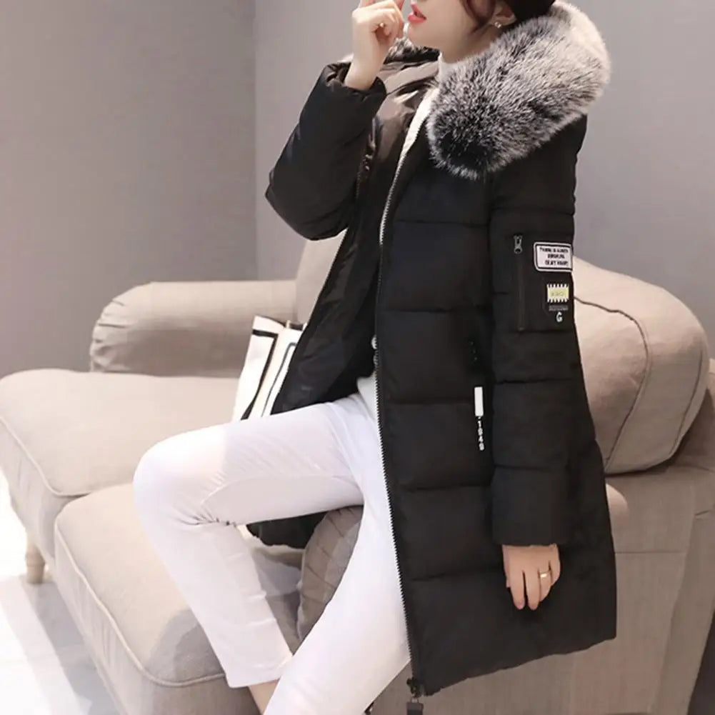 Women's Cotton Coat Hooded Mid Length Windproof Warm Long Sleeve Jacket