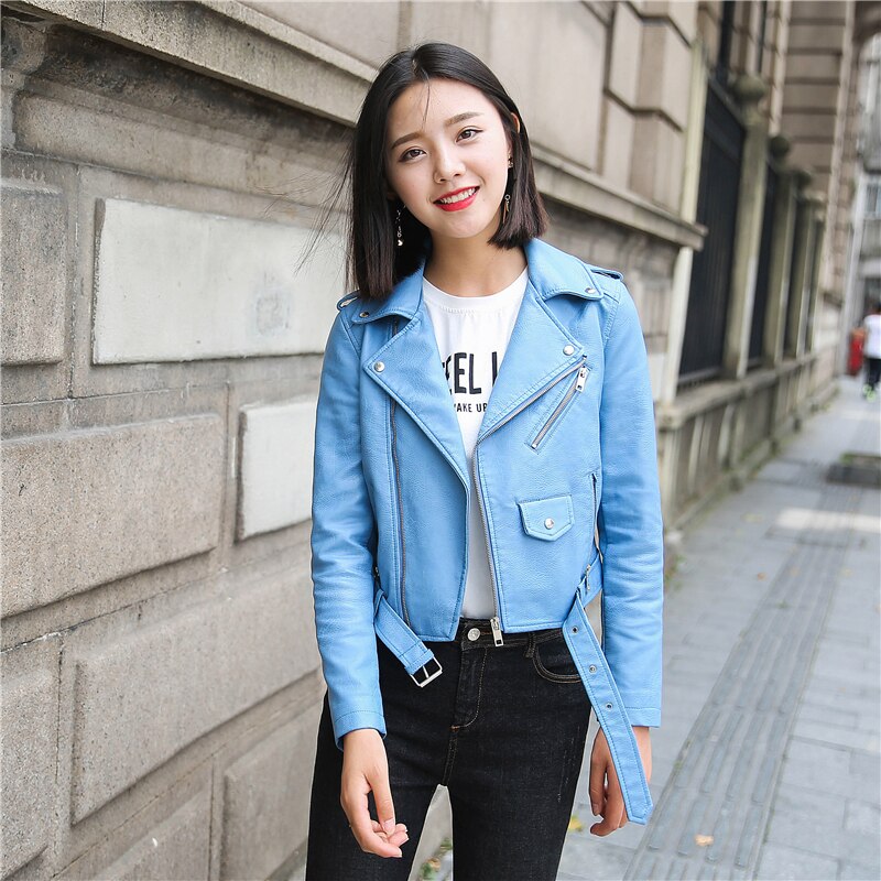 Leather Jacket Women Fashion Bright Colors Motorcycle Coat Short  Leather Biker Soft Jacket Woen