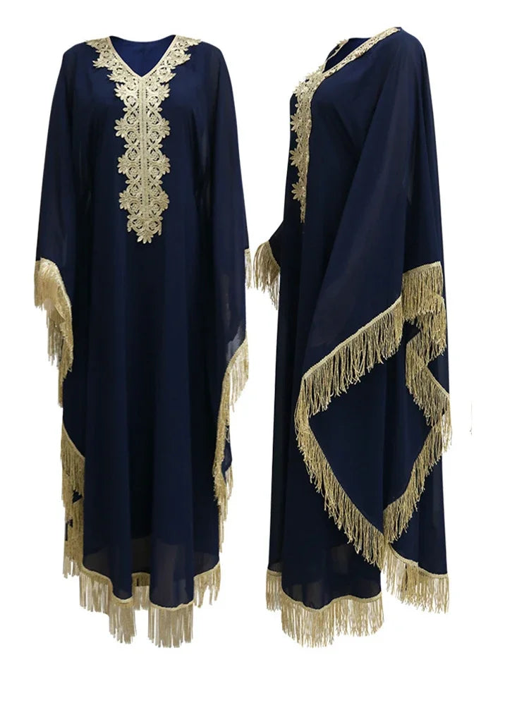 Muslim Arab Robes Abaya Middle East Woman Dress Sleeve Tassels Embroidery Kaftan Long Dress