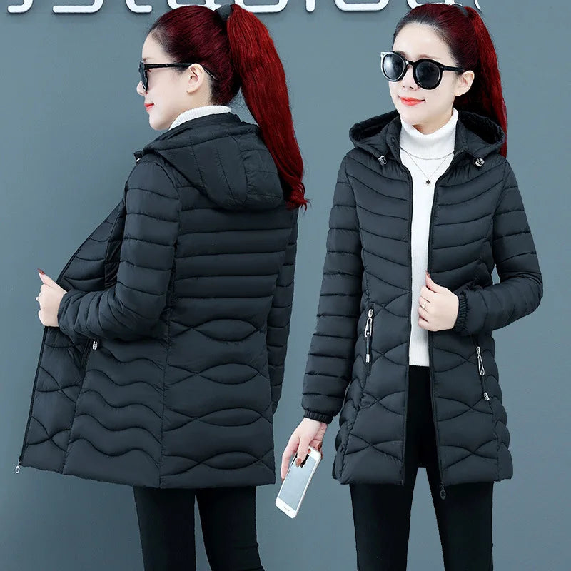 Autumn and Winter Women's Slim Fit Solid Color Hooded Down Cotton Coat for Women