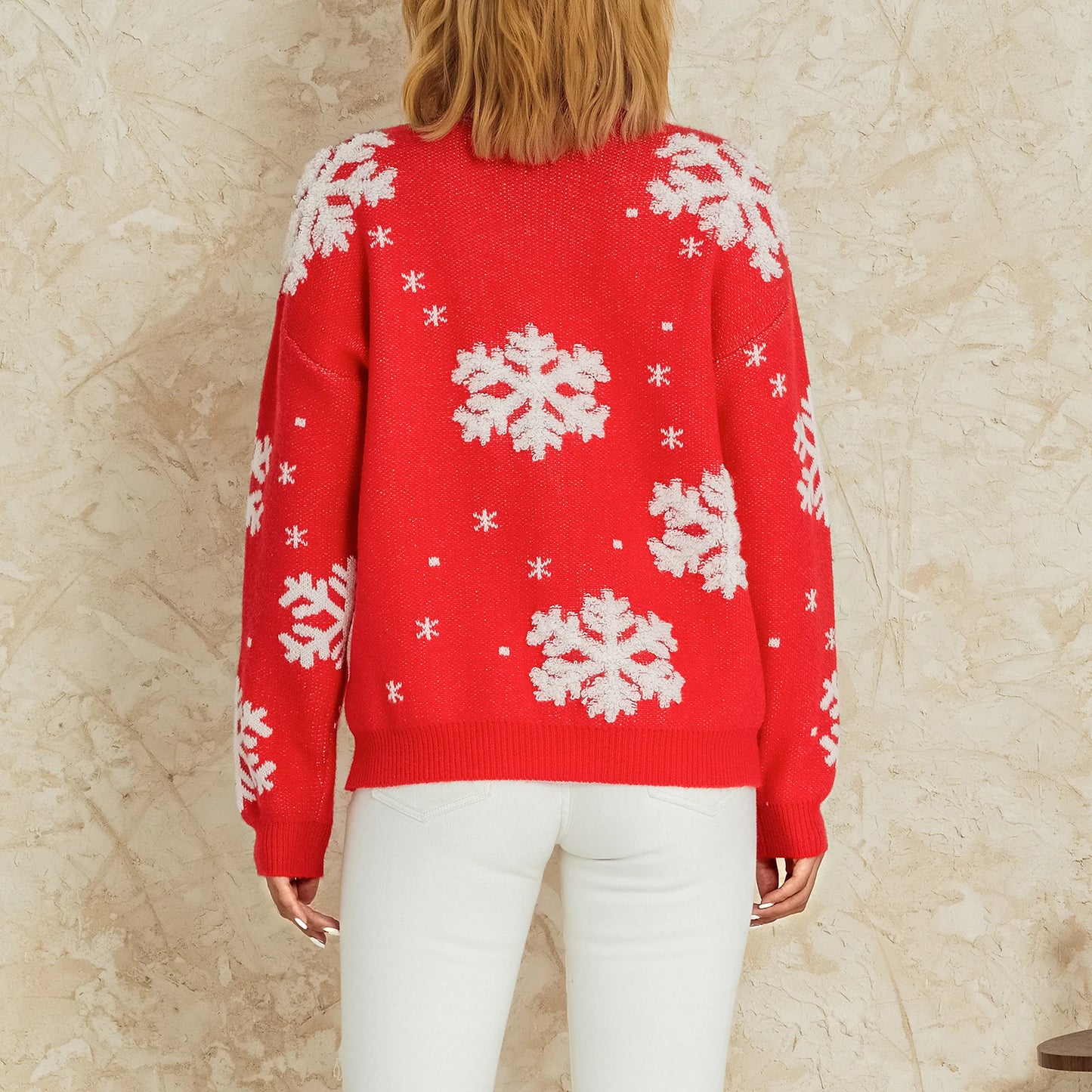 Women’s Knit Fluffy Wool Sweater - Heng Shun Rui, Snowflake Print, Casual Christmas