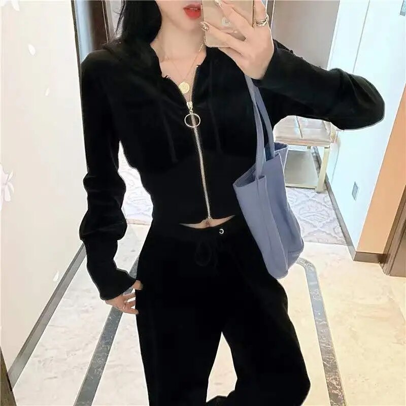 2023 Spring New Velvet Two Piece Sets  Zipper  Oversized Tracksuit  Solid Hoodie Sportswear for Women