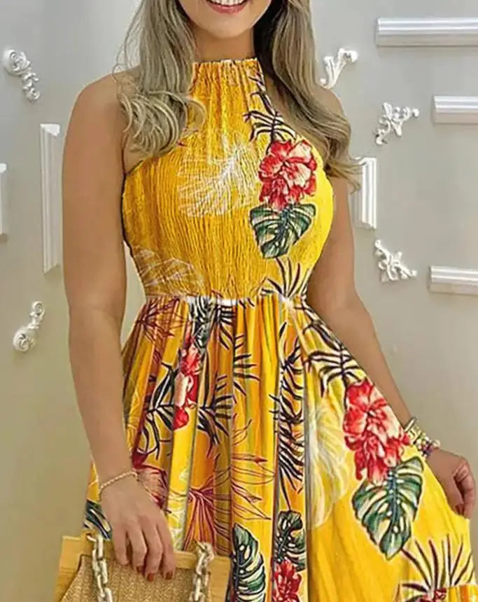 Women's Vacation Dress 2024 Summer Latest Style Fashionable Beach Flower Print Open Back Parallel Crepe Stitch Long Skirt