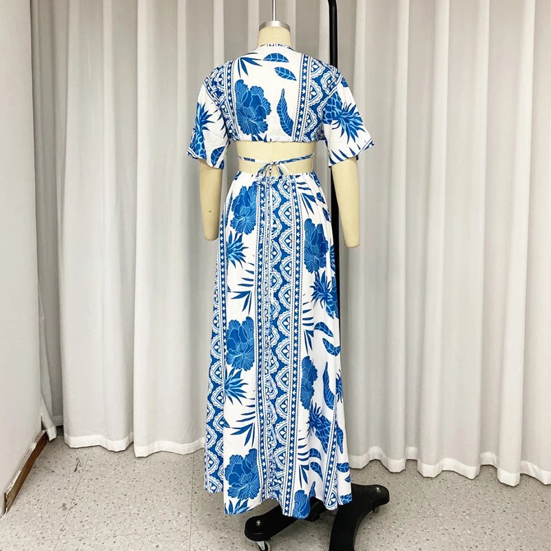 Women's Maxi  Summer Dress Printed V- Neck Half Sleeve Open Waist Lace Up Beach Dresses