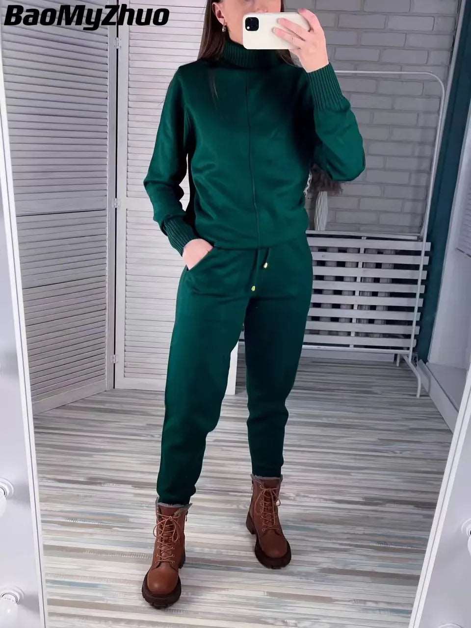 2023 New Turtleneck Sweater Two Piece Set  Knitted Pants  Suits Female  Casual Pullover Tracksuits