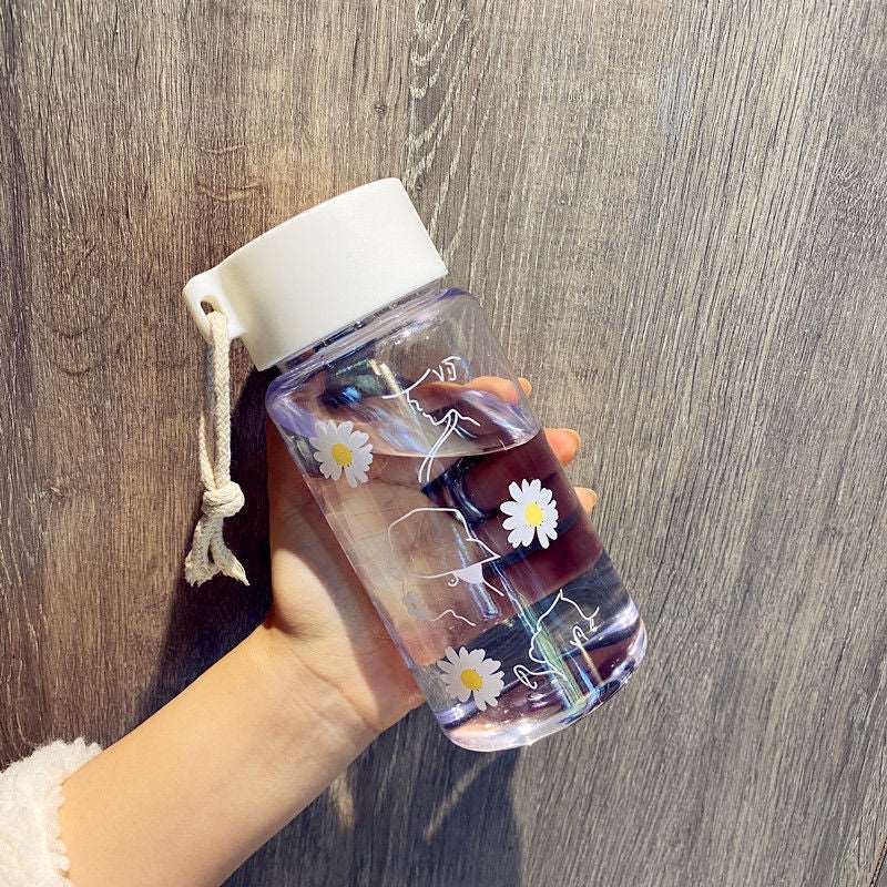 500ml Small Daisy Transparent Plastic Water Bottles BPA Free Creative Frosted Water Bottle With Portable Rope