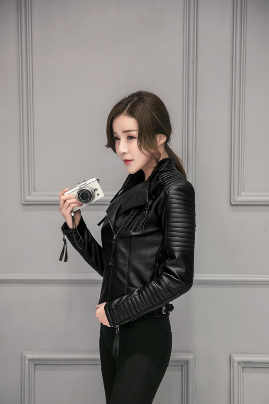 Women's Spring Autumn PU Leather Jacket Casual Slim Soft Moto Jacket Biker  Leather Coat for  Women