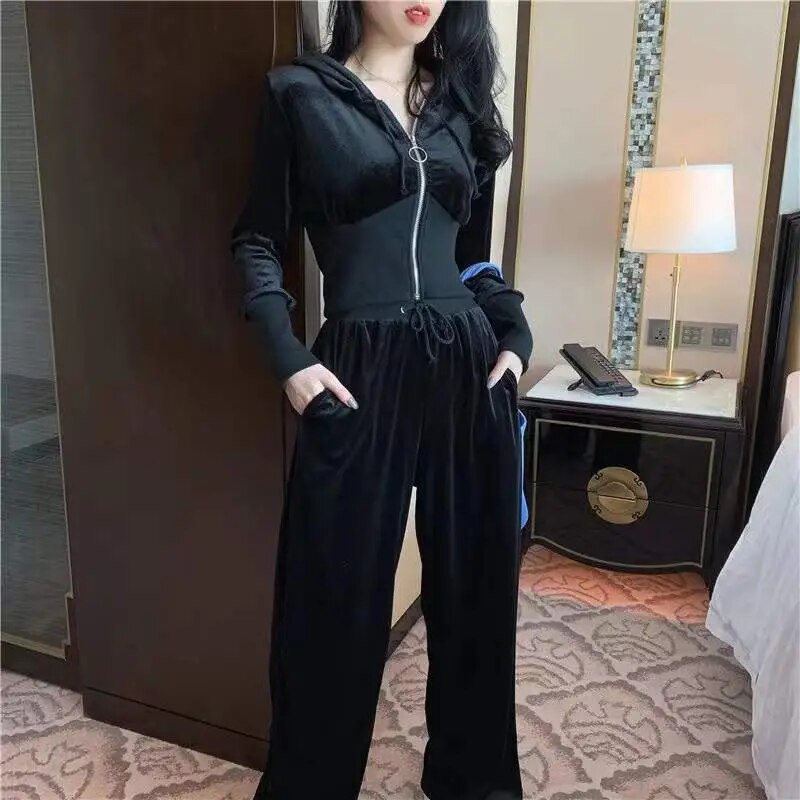 2023 Spring New Velvet Two Piece Sets  Zipper  Oversized Tracksuit  Solid Hoodie Sportswear for Women