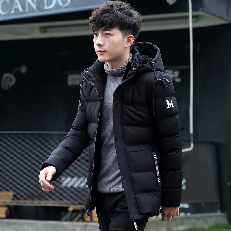 Fashion Men's Clothing Winter Hooded Warm Cotton Jacket Korean Style Youth Slim Fit Plus Velvet Thick Padded Coat Puffer Jackets