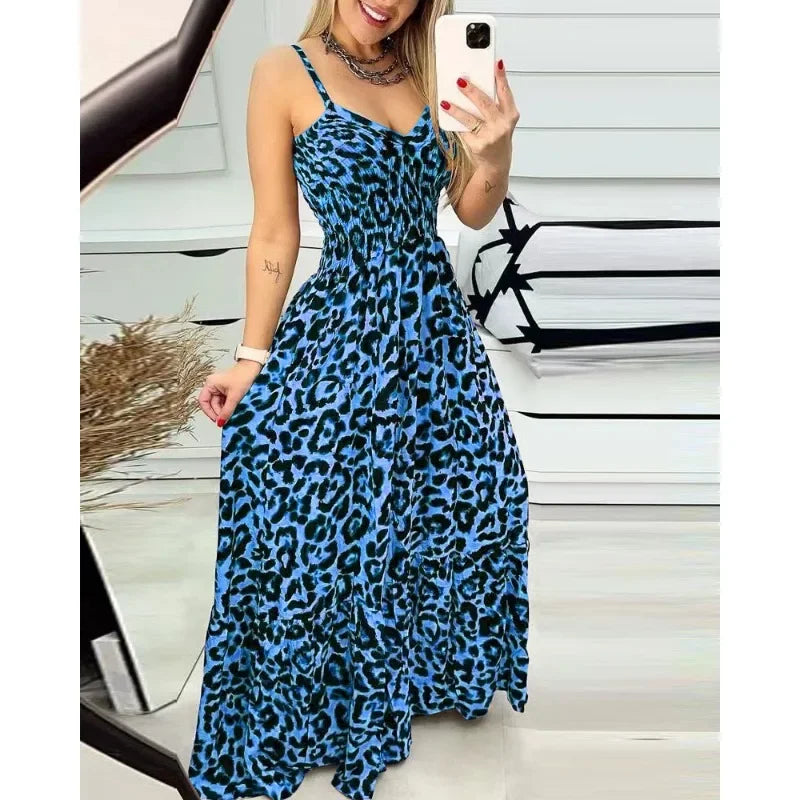 Summer Dress Sexy Fashion Sleeveless MaxiLeopard Print Camis Dress Women V-neck Brace Elasticity High-Waisted Long Dress