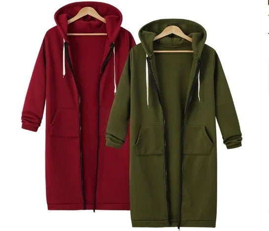 Autumn Winter Women Long Warm Hooded Sweatshirt Coat Casual Pockets Zip Up Jacket