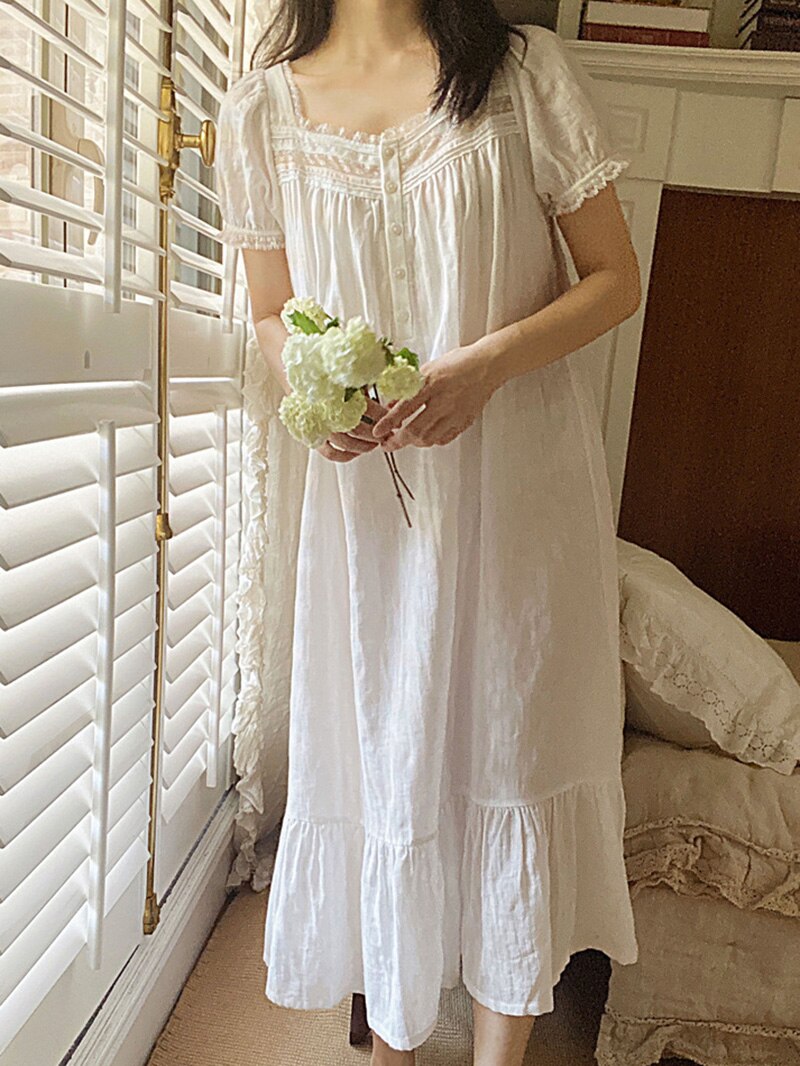 Women Pure Cotton Ruffles Vintage Nightgown Robe Lace Fairy Short Sleeve Victorian Night Dress