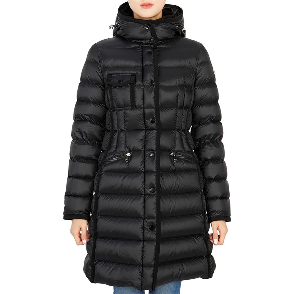 Down Jacket White Goose  Waist Slim Thickened Warm Mid-length Hooded Down Jacket for Women