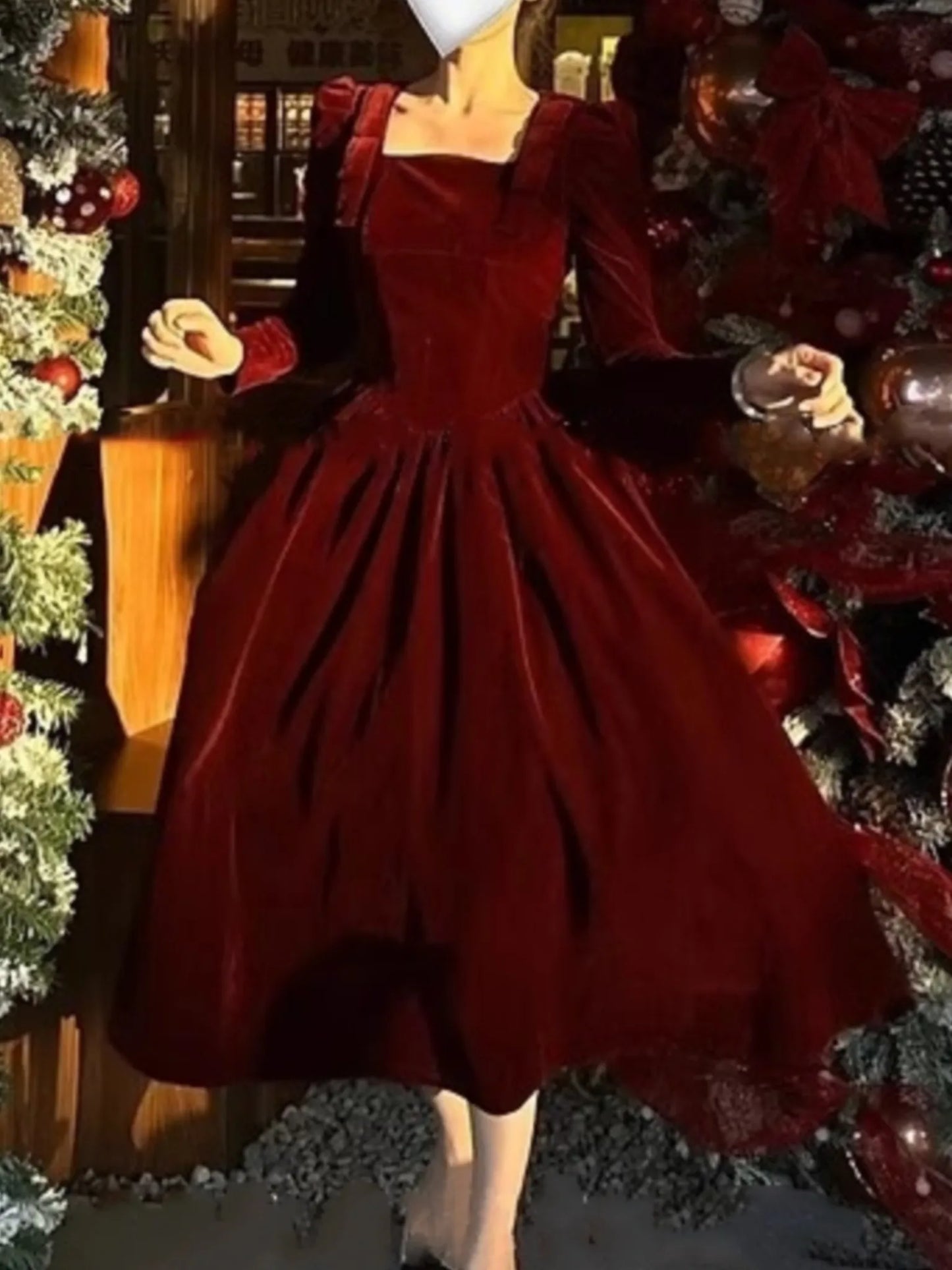 French Vintage Red Velvet Dress