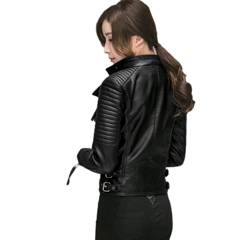 Women's Spring Autumn PU Leather Jacket Casual Slim Soft Moto Jacket Biker  Leather Coat for  Women