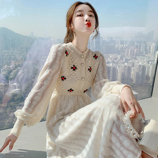 Maxi Dresses Korea Style Slim Embroidery Wool Long Sleeve for Woman