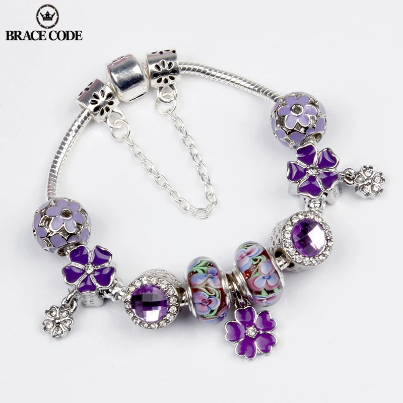 Purple Lavender Flower Pendant Hand Assembled Stained Glass Bead Bracelet For Women