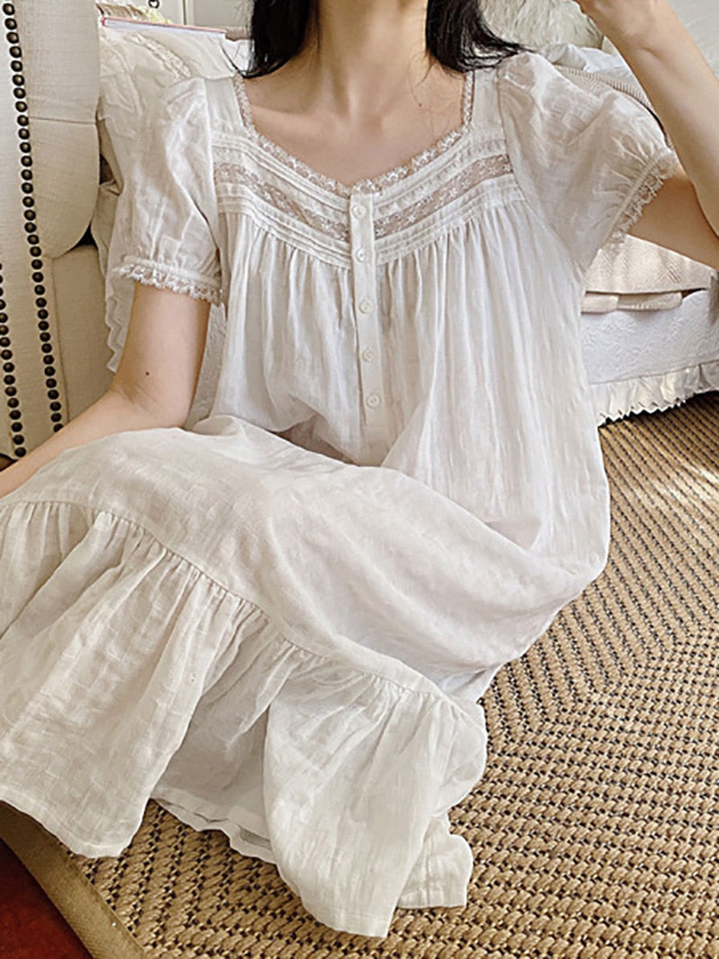 Women Pure Cotton Ruffles Vintage Nightgown Robe Lace Fairy Short Sleeve Victorian Night Dress