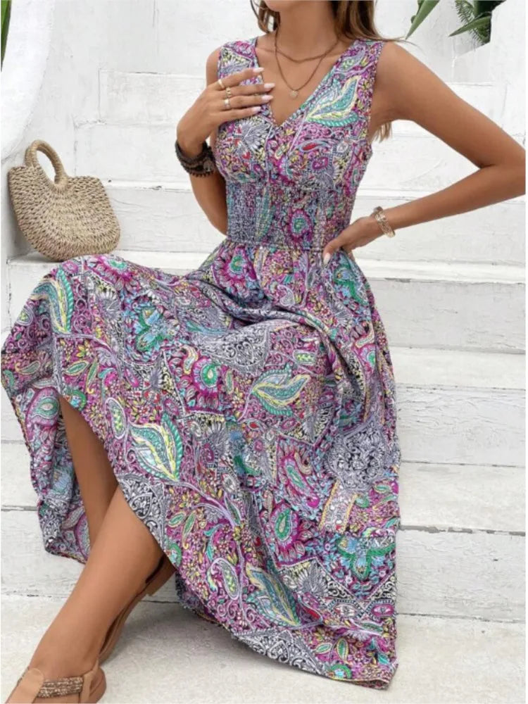 Women's Summer Boho Dress Fashion Sleeveless Print Dresses