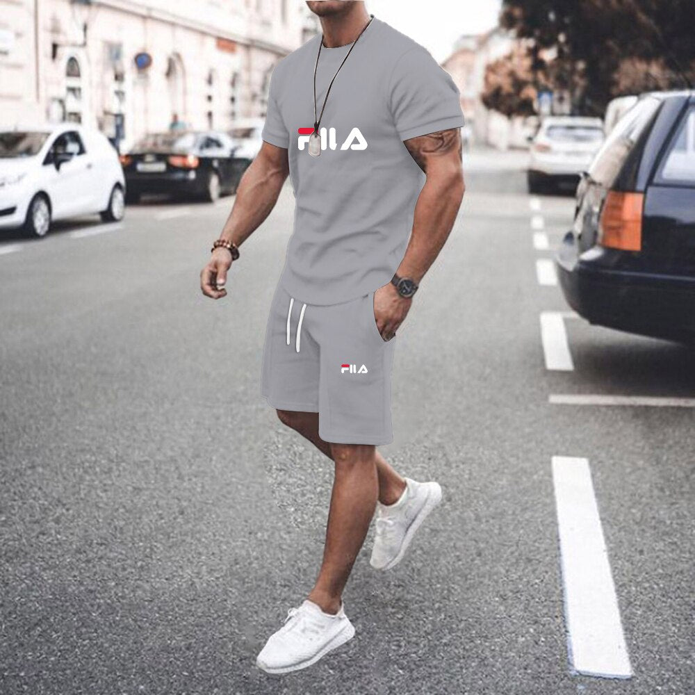 Two Piece Sets Short Sleeve T-shirts+Shorts FILA brand  Cotton Summer Tracksuit for men