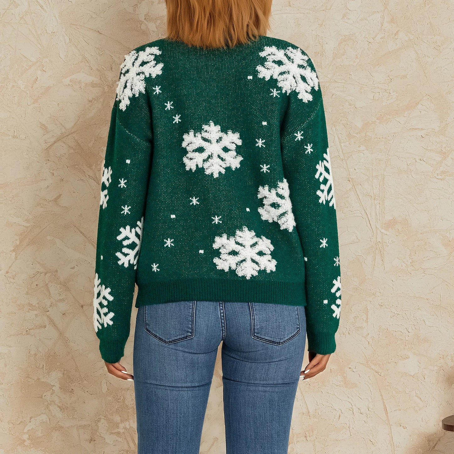 Women’s Knit Fluffy Wool Sweater - Heng Shun Rui, Snowflake Print, Casual Christmas