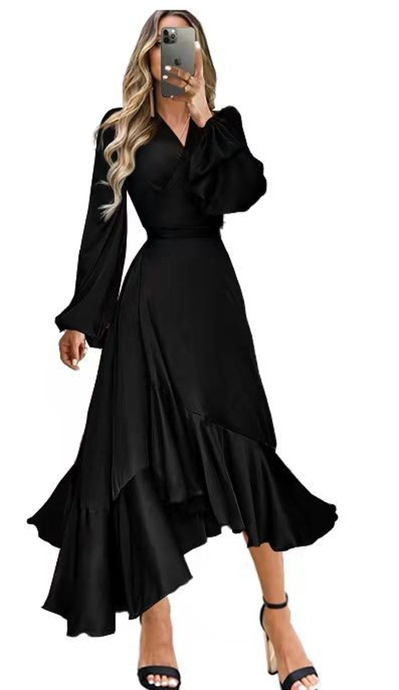 Long Sleeve Sexy V-neck Temperament Waist Irregular Silk Elegant Party Dress for Ladies