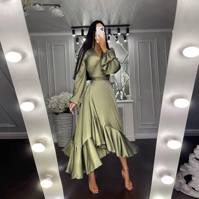 Long Sleeve Sexy V-neck Temperament Waist Irregular Silk Elegant Party Dress for Ladies