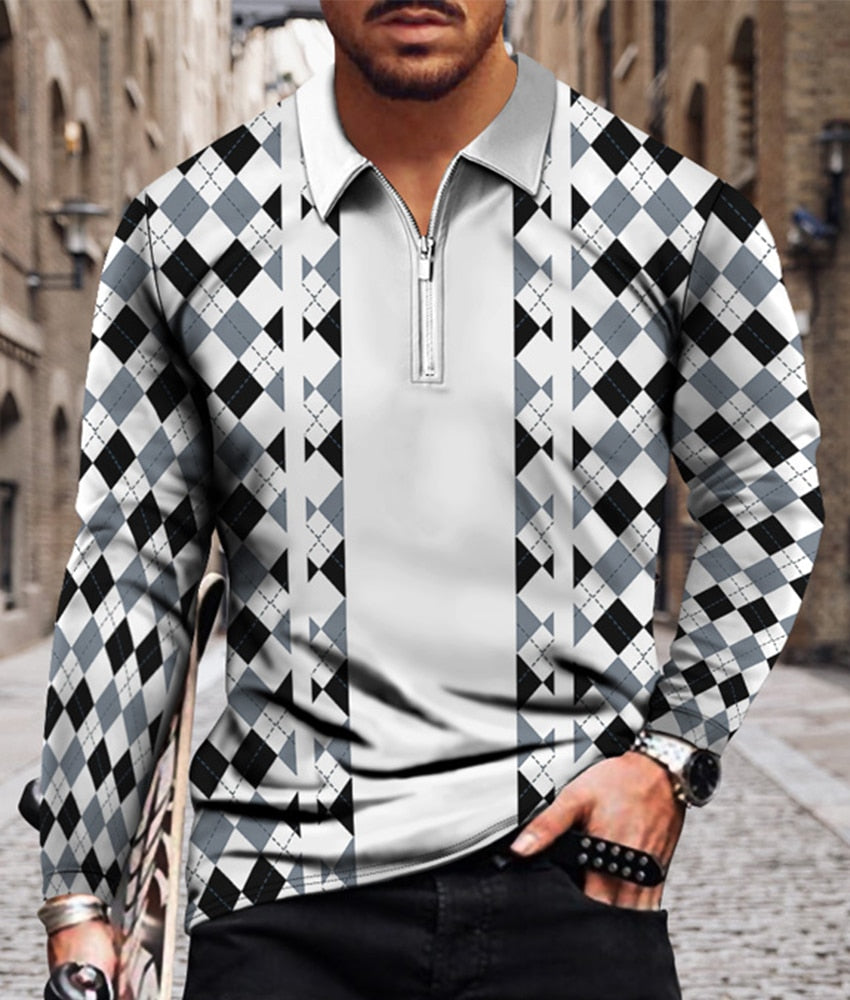 Men's Casual Long Sleeve Polo Shirts T-Shirt Men Tops Street Golf Clothing Geometric Print