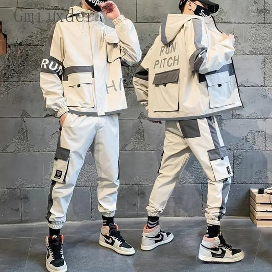 Hip-hop Sports Set Men's Korean High Street Casual Hooded  2pcs Suit Techwear