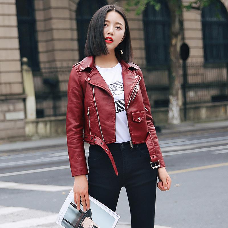 Leather Jacket Women Fashion Bright Colors Motorcycle Coat Short  Leather Biker Soft Jacket Woen