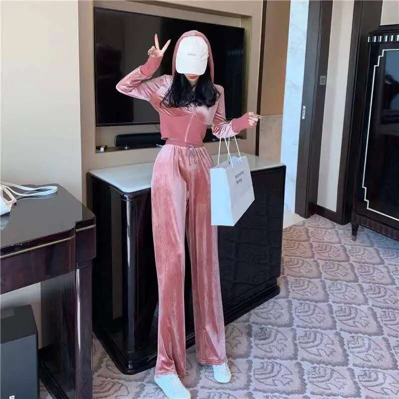 2023 Spring New Velvet Two Piece Sets  Zipper  Oversized Tracksuit  Solid Hoodie Sportswear for Women