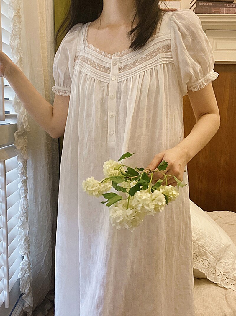 Women Pure Cotton Ruffles Vintage Nightgown Robe Lace Fairy Short Sleeve Victorian Night Dress