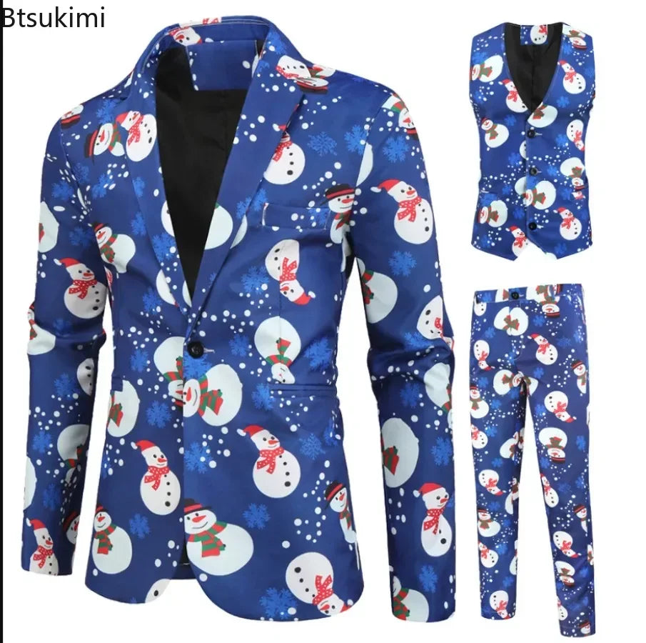 New Men's Casual Three-Piece 2024 Christmas Print Suit