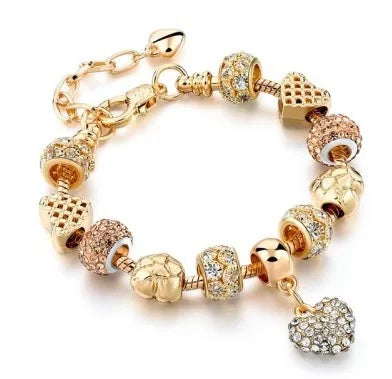 Pandora Gold Color Beads Handmade Adjustable Shine Crystal Bracelet for Women