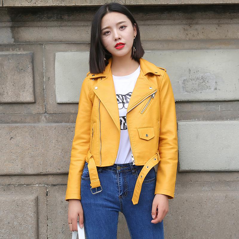 Leather Jacket Women Fashion Bright Colors Motorcycle Coat Short  Leather Biker Soft Jacket Woen