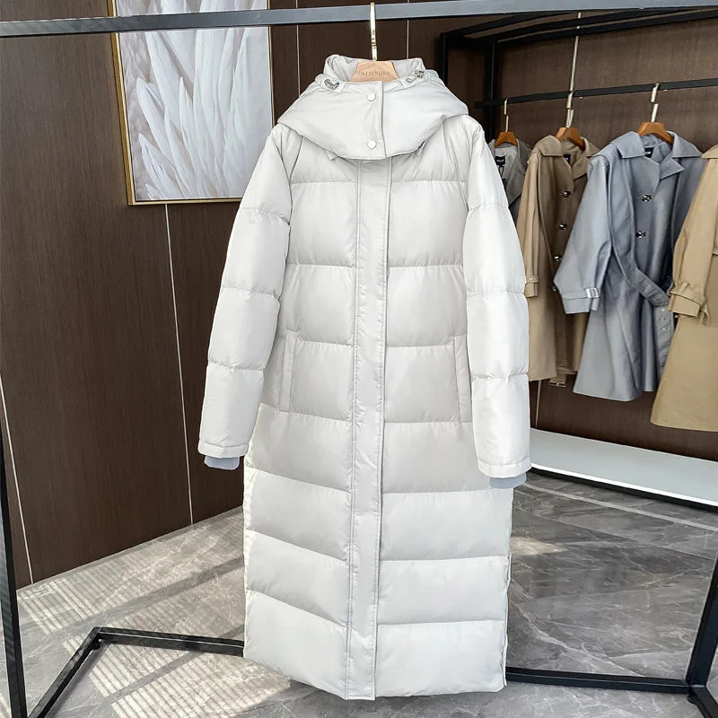 High-Quality White Duck Down Hoodie Long Overcoat  Fashion Super Thicken Warm Jacket for Women