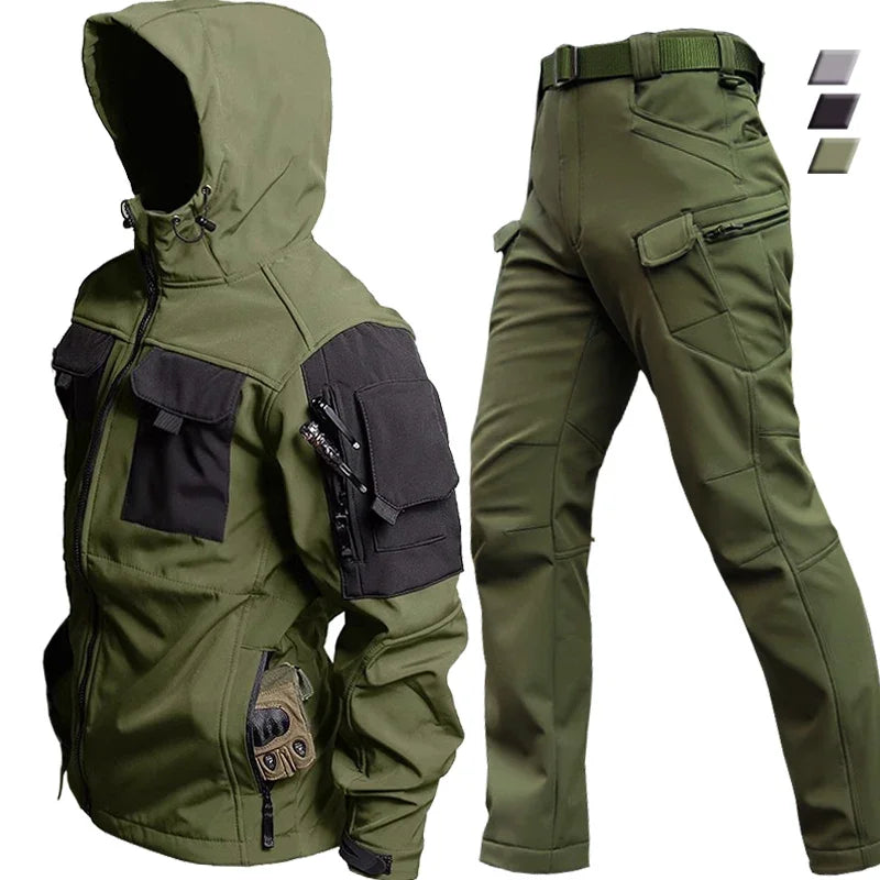 Men's Waterproof Tactical Winter Suit – Windproof Hooded Jacket; Fleece-Lined Thermal Pants Set